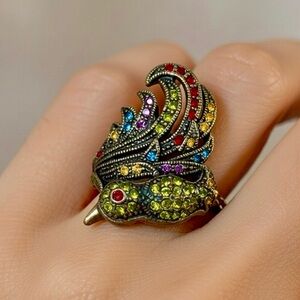 Heidi Daus Vibrant Feathered Peacock Ring with Rhinestones 🦚 Stamped Authentic
